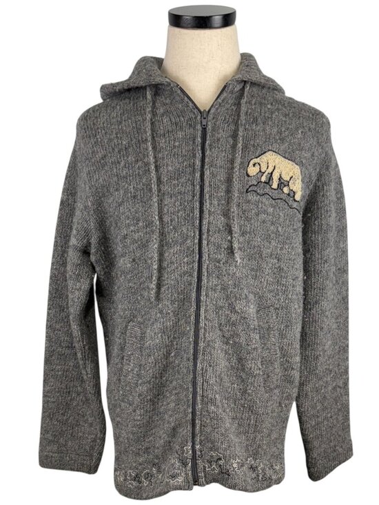 Caldwell 60's Hand Fashioned Gray Wool Hooded Zip-Up Cardigan With Polar Bear L - Picture 1 of 14